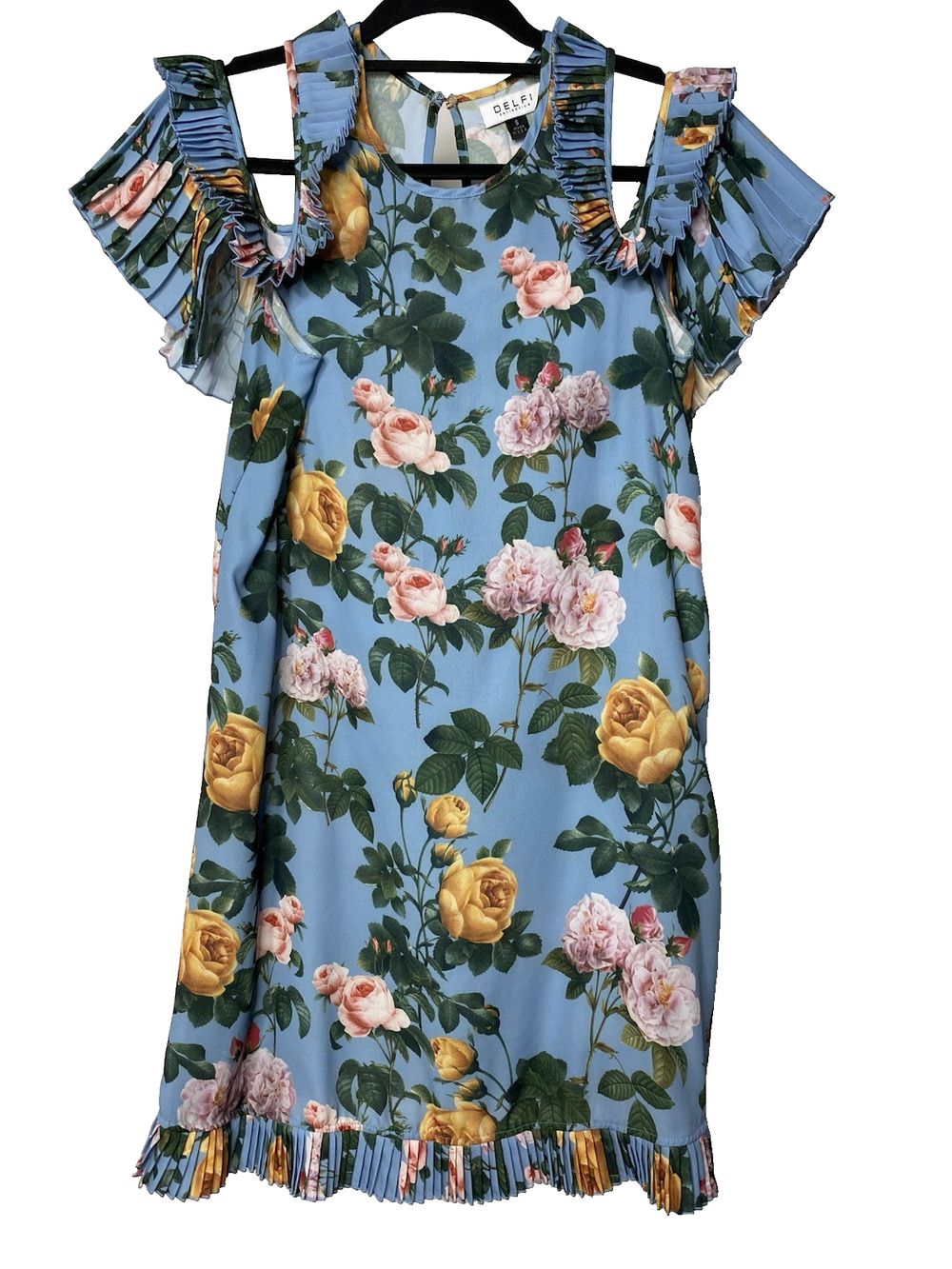 DELFI Collective Women's Small Blue Floral Cold Shoulder Mini Dress Ruffle USA